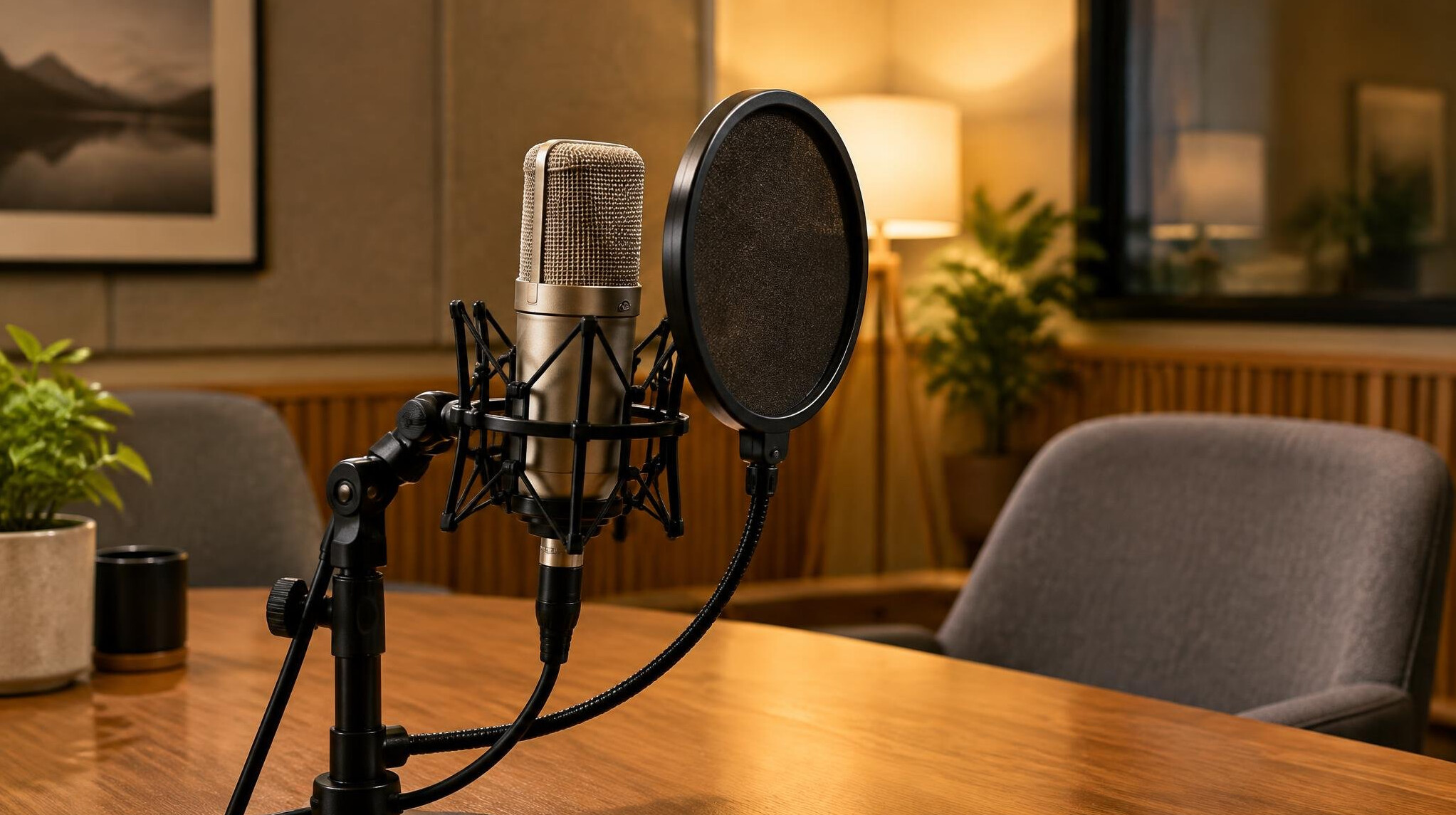 Studio microphone with pop filter in a recording room