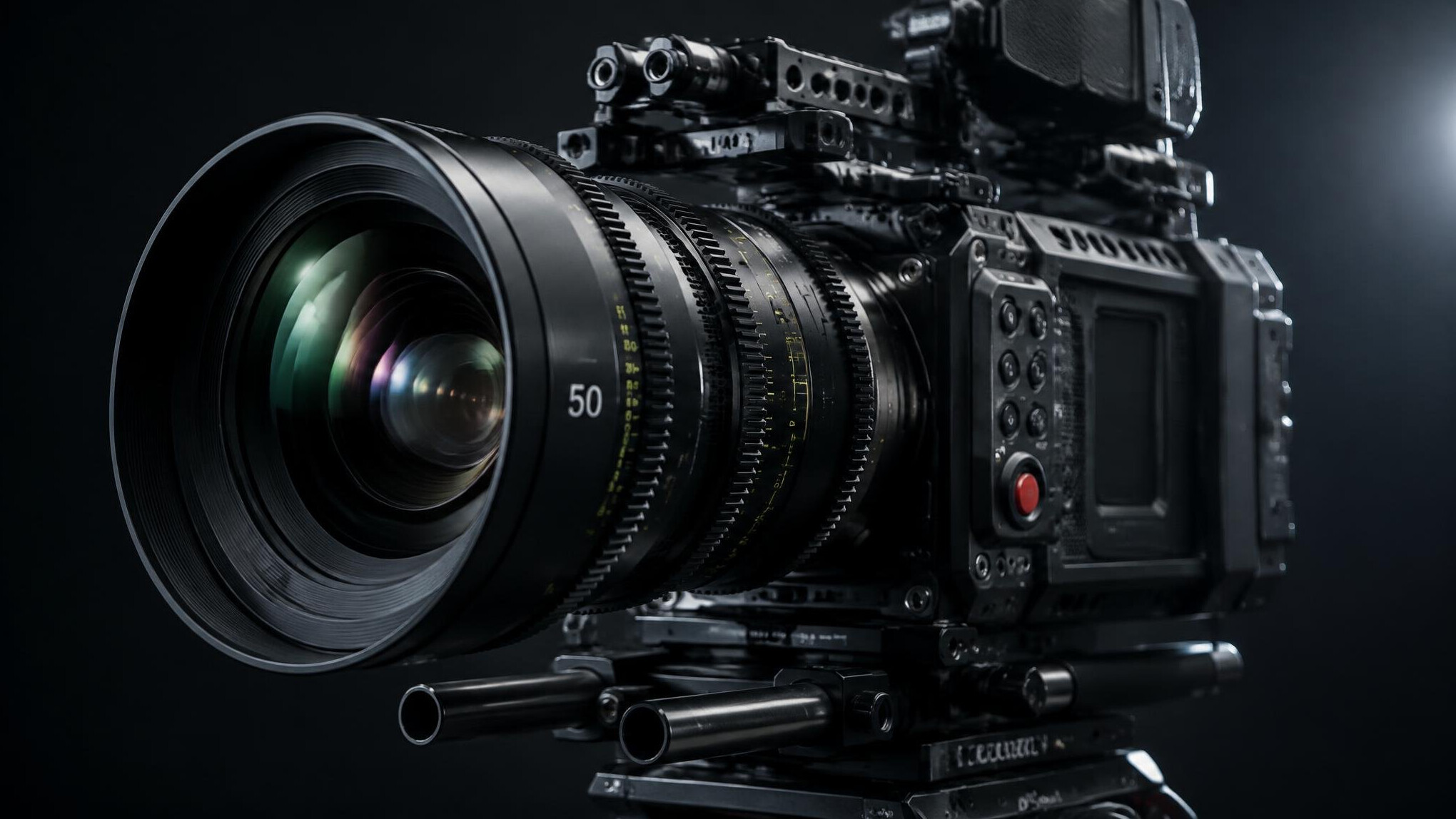 Professional camera with a large lens on a dark background