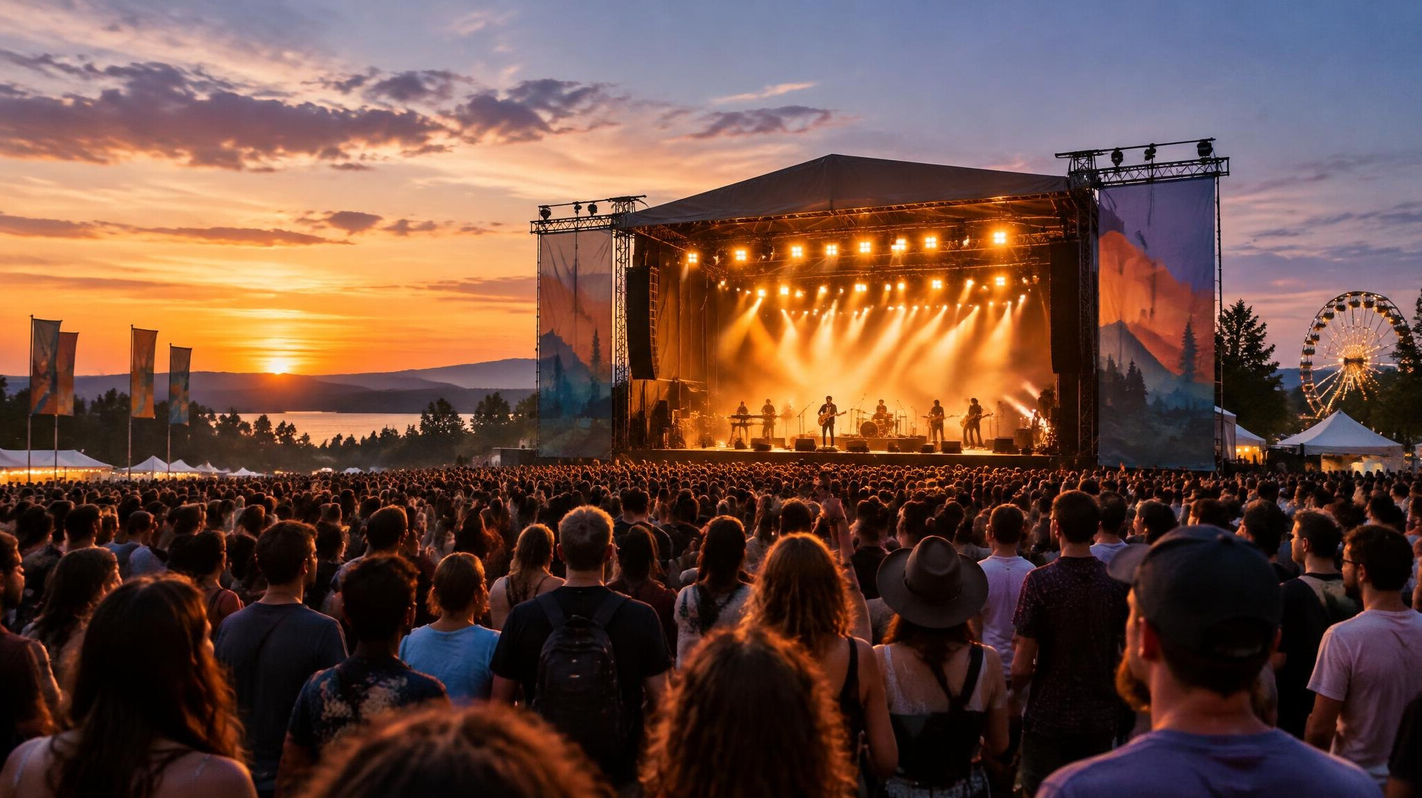 Festival crowd in front of a stage at dusk