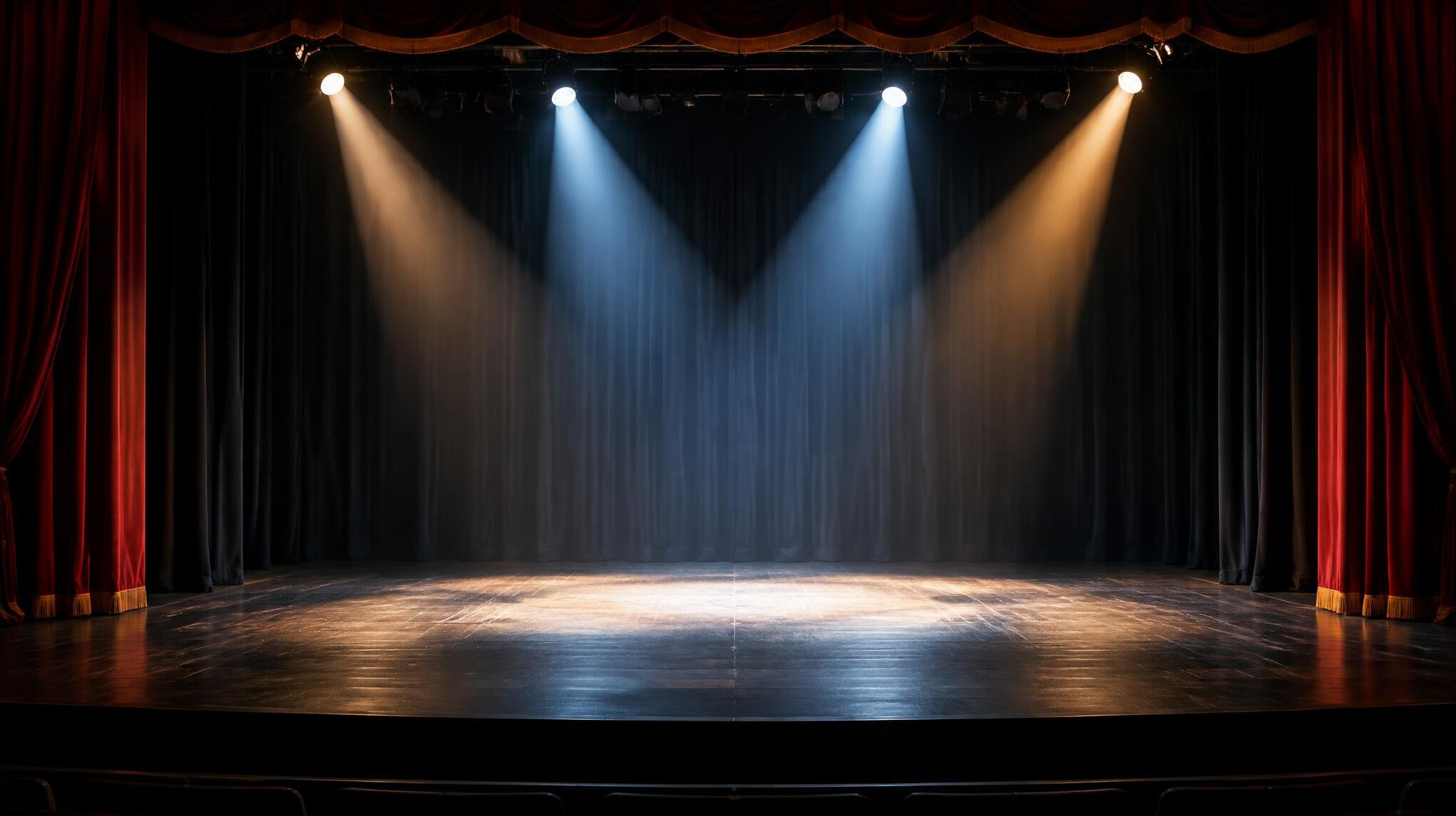 Theatre stage with dramatic lighting and red curtains