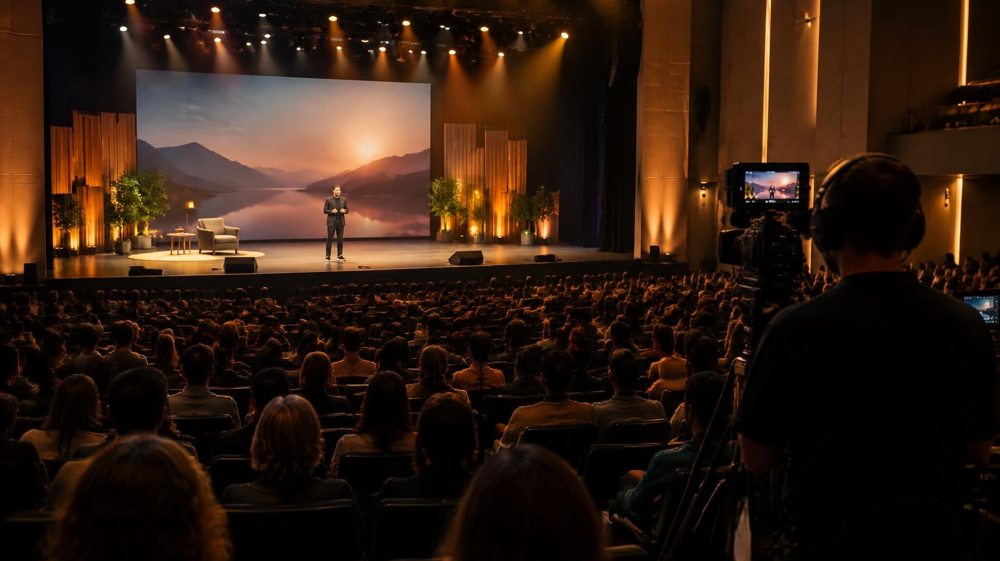 Conference stage with lighting and audience in a large hall